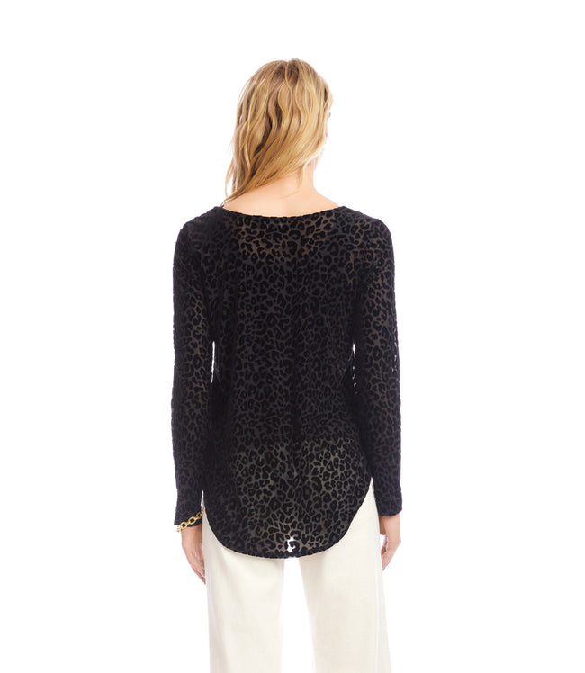 Karen Kane Leopard Long Sleeve Velvet Burnout Shirttail Top Karen Kane