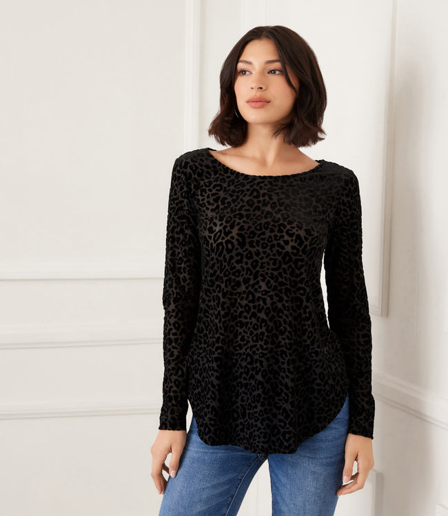 karen kane Leopard Long Sleeve Velvet Burnout Shirttail Top Karen Kane