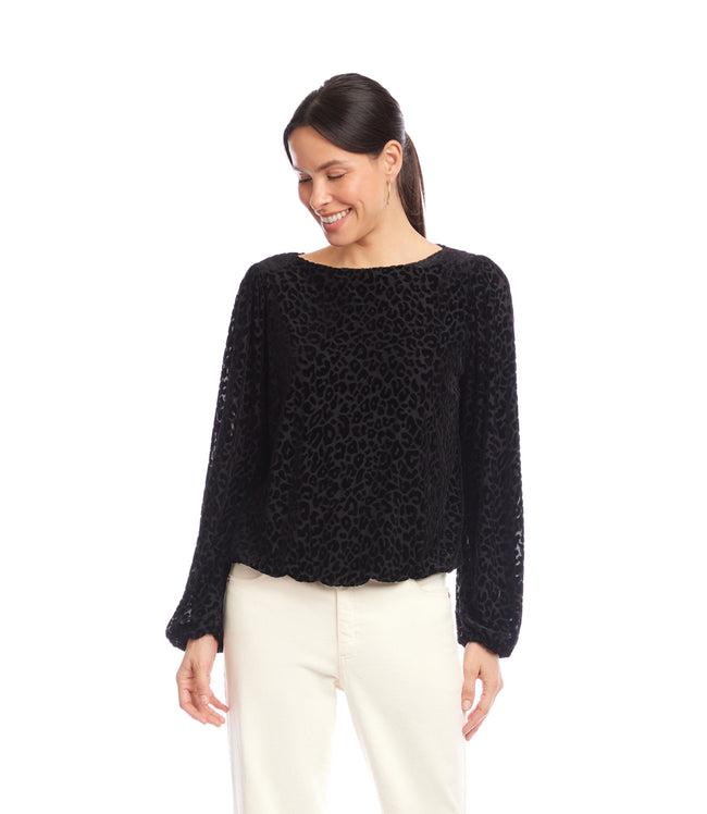 Karen Kane Leopard Petite Size Blouson Sleeve Velvet Burnout Boatneck Top Karen Kane
