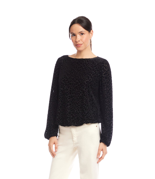 Karen Kane Leopard Petite Size Blouson Sleeve Velvet Burnout Boatneck Top Karen Kane