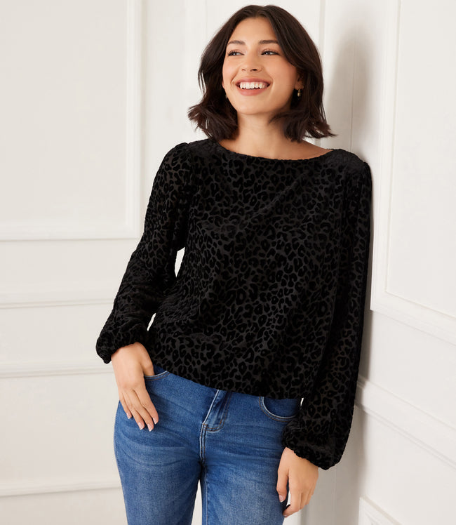 karen kane Leopard Petite Size Blouson Sleeve Velvet Burnout Boatneck Top Karen Kane