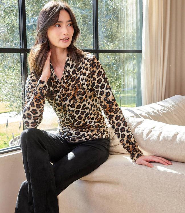 Karen Kane Leopard Petite Size Long Sleeve Crossover Side-Shirred Top Karen Kane