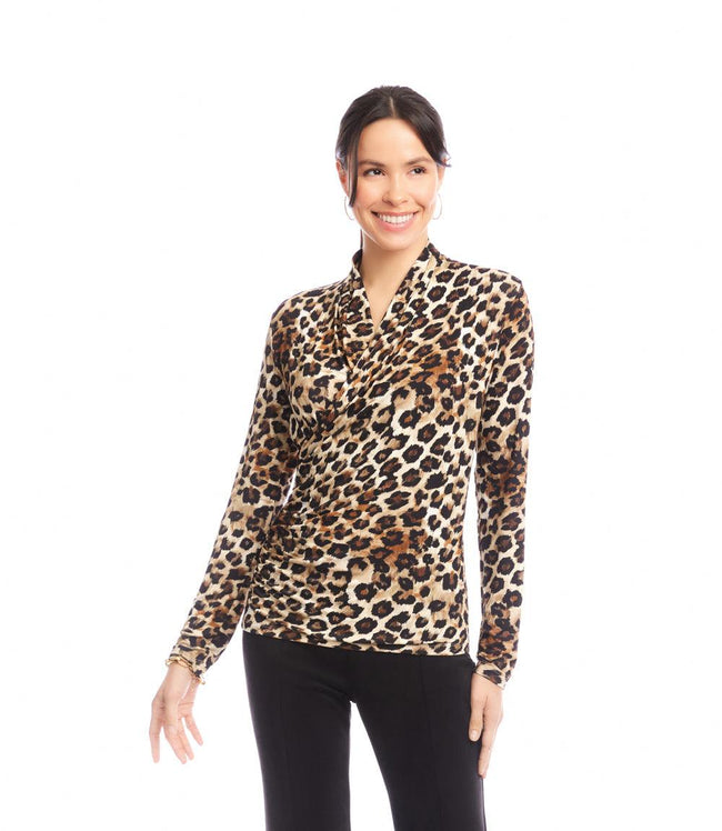 Karen Kane Leopard Petite Size Long Sleeve Crossover Side-Shirred Top Karen Kane