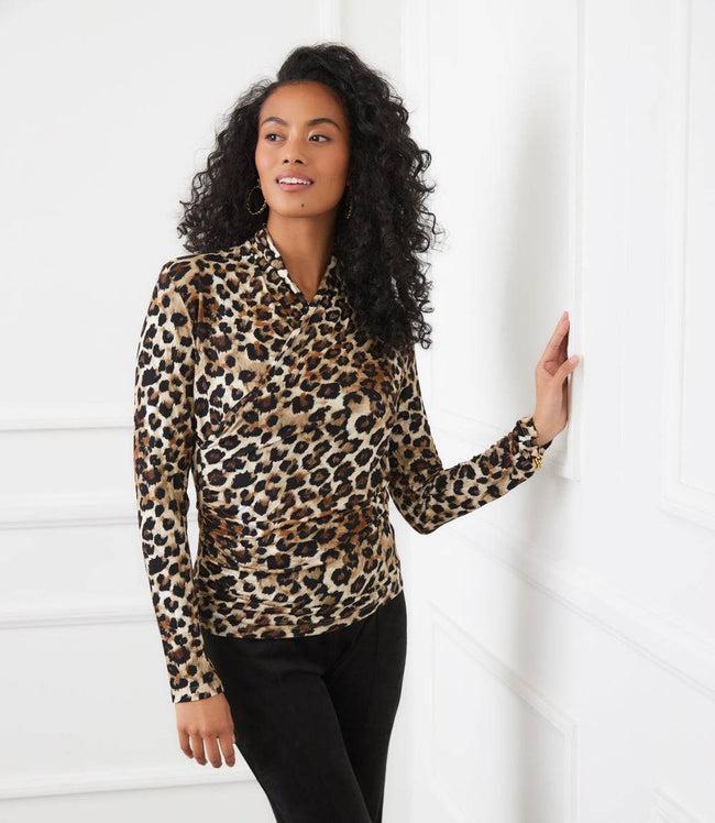 karen kane Leopard Petite Size Long Sleeve Crossover Side-Shirred Top Karen Kane