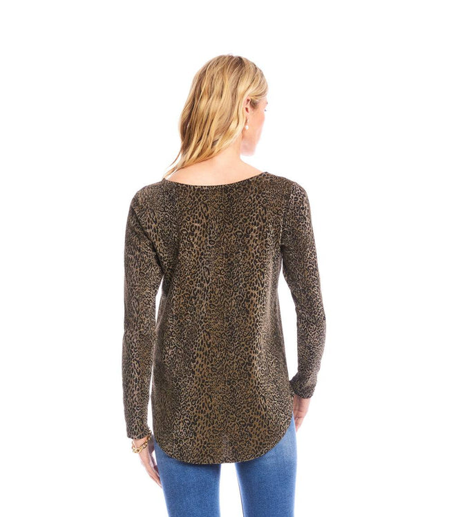 Karen Kane Leopard Petite Size Long Sleeve Metallic Knit Shirttail Top Karen Kane