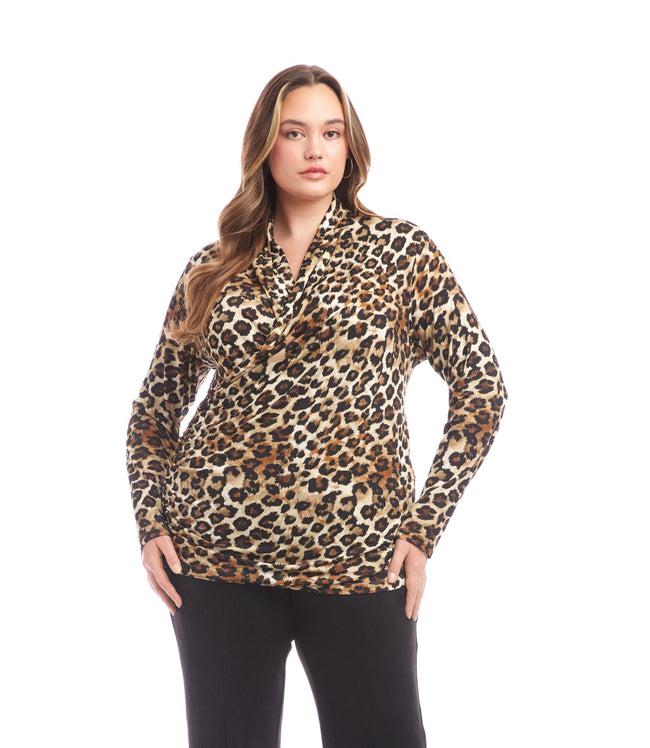 karen kane Leopard Plus Size Long Sleeve Crossover Side-Shirred Top Karen Kane