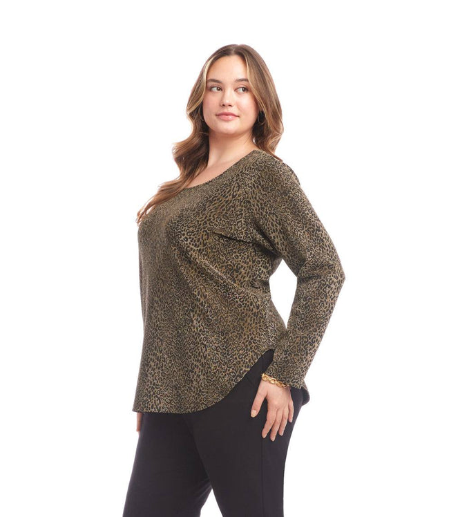 Karen Kane Leopard Plus Size Long Sleeve Metallic Knit Shirttail Top Karen Kane