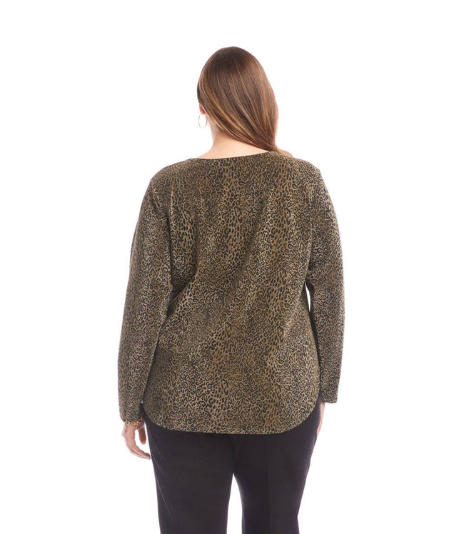 Karen Kane Leopard Plus Size Long Sleeve Metallic Knit Shirttail Top Karen Kane