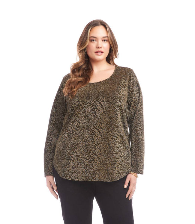 karen kane Leopard Plus Size Long Sleeve Metallic Knit Shirttail Top Karen Kane