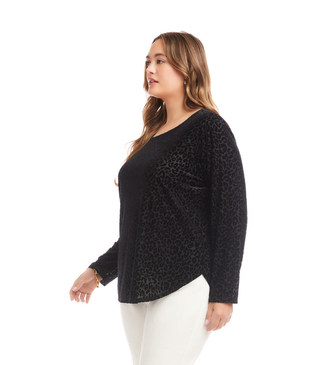 Karen Kane Leopard Plus Size Long Sleeve Velvet Burnout Shirttail Top Karen Kane