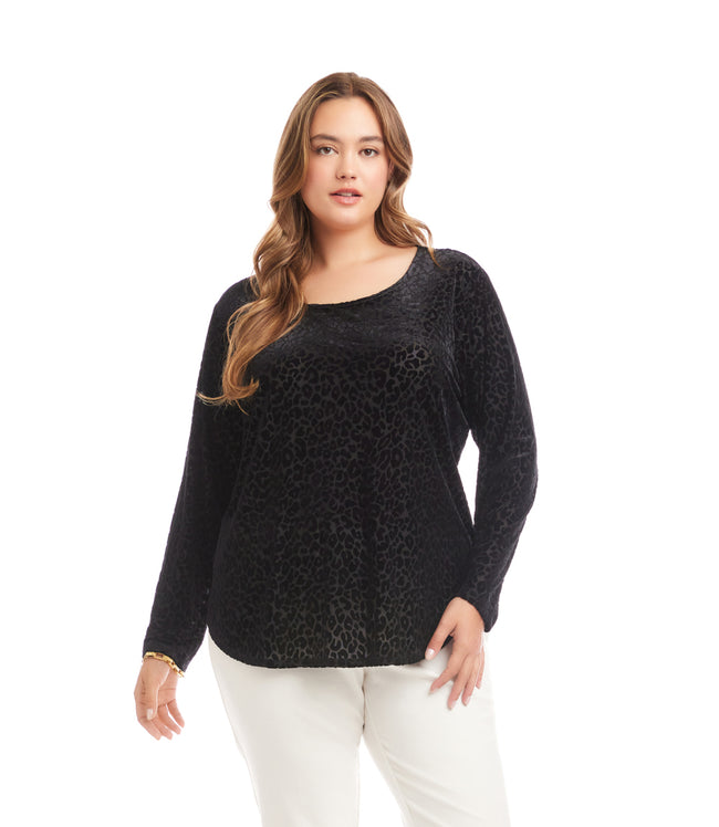 karen kane Leopard Plus Size Long Sleeve Velvet Burnout Shirttail Top Karen Kane