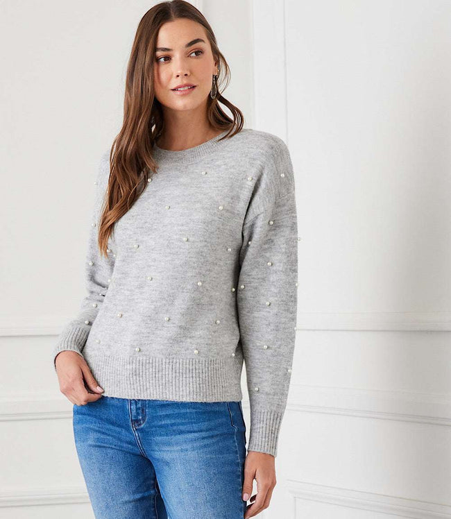 Karen Kane Light Heather Gray Pearl Crewneck Sweater Karen Kane
