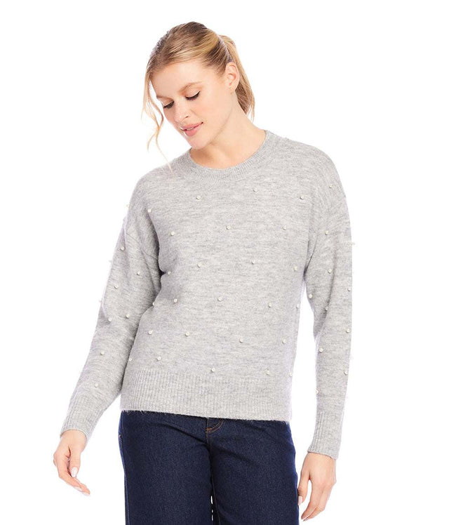 Karen Kane Light Heather Gray Pearl Crewneck Sweater Karen Kane