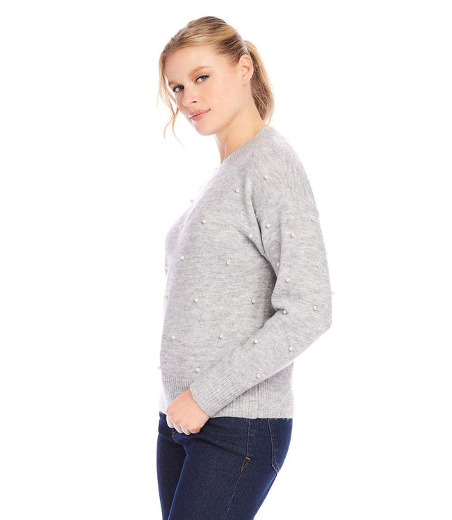 Karen Kane Light Heather Gray Pearl Crewneck Sweater Karen Kane