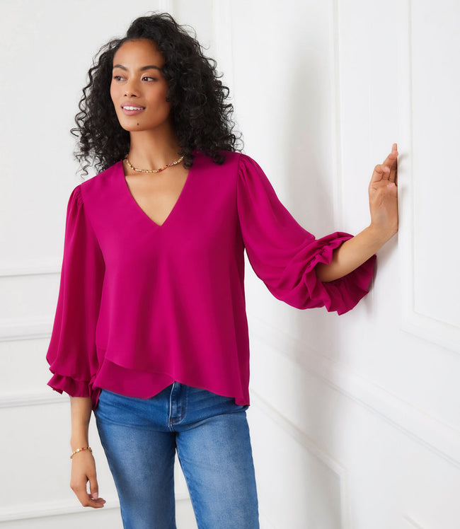 karen kane Magenta Layered Sleeve Asymmetric Top Karen Kane