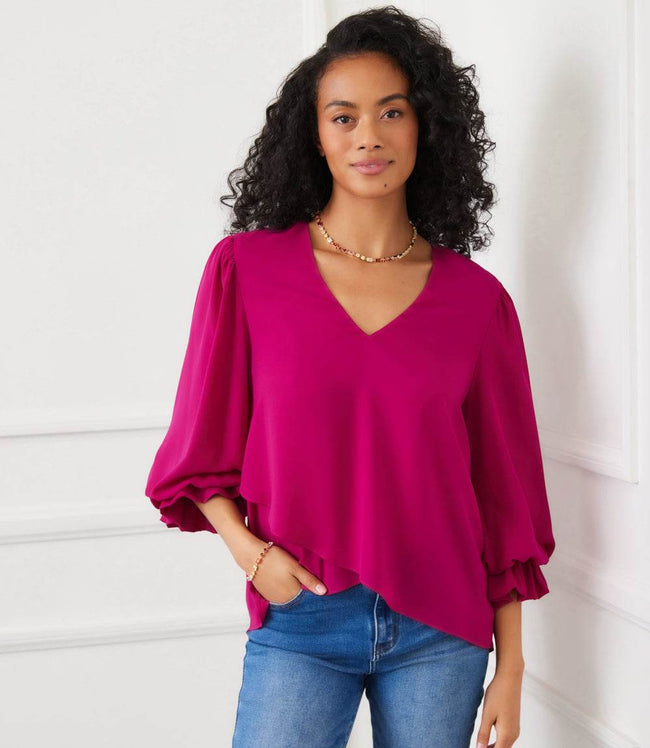 karen kane Magenta Petite Size Layered Sleeve Asymmetric Top Karen Kane