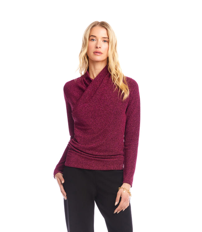 Karen Kane Magenta Petite Size Long Sleeve Metallic Crossover Side-Shirred Top Karen Kane