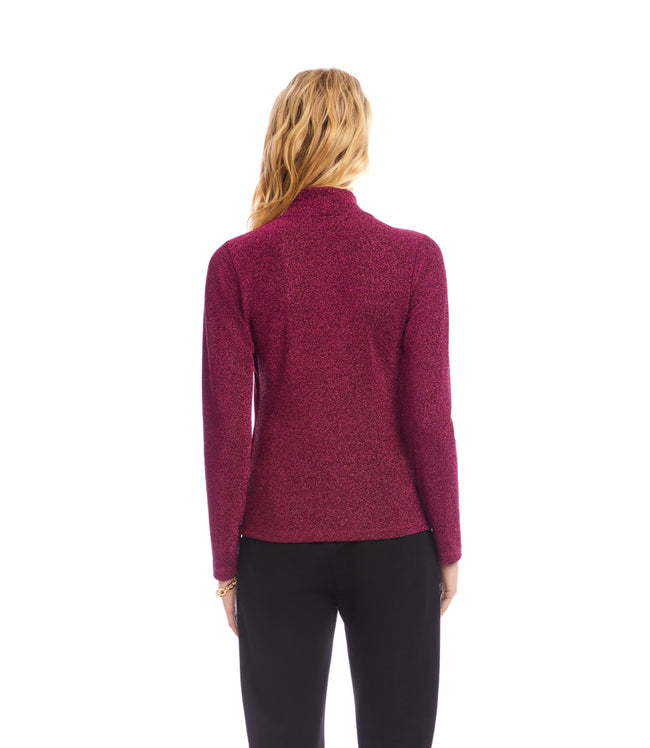 Karen Kane Magenta Petite Size Long Sleeve Metallic Crossover Side-Shirred Top Karen Kane