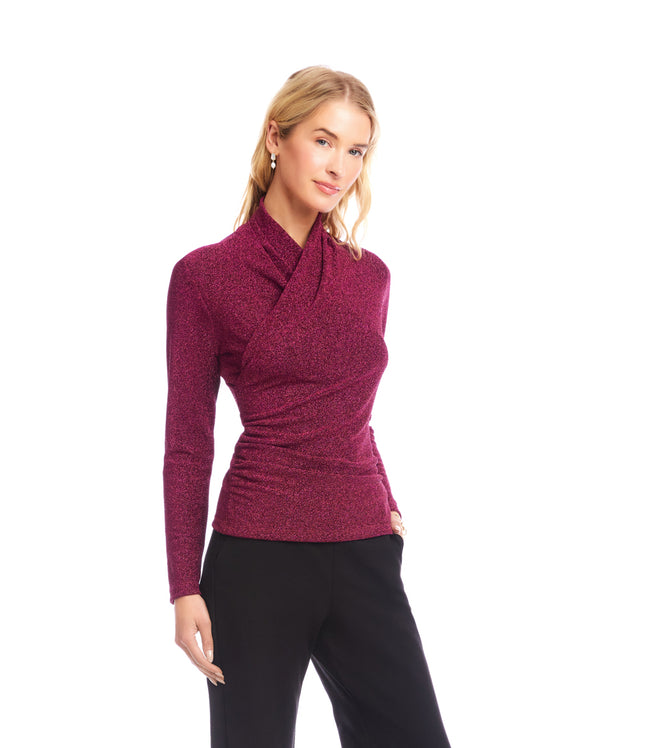 karen kane Magenta Petite Size Long Sleeve Metallic Crossover Side-Shirred Top Karen Kane