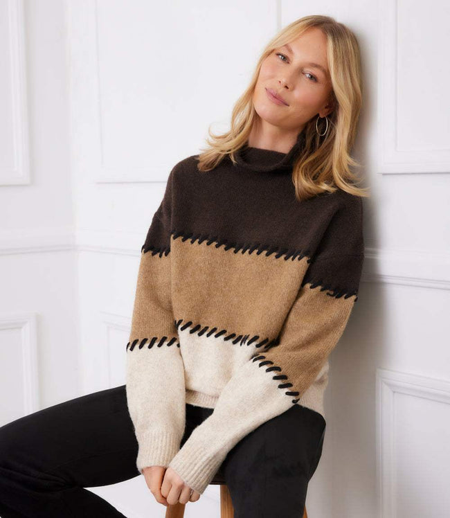 Karen Kane Multi Contrast Stitch Mock Neck Colorblock Sweater Karen Kane