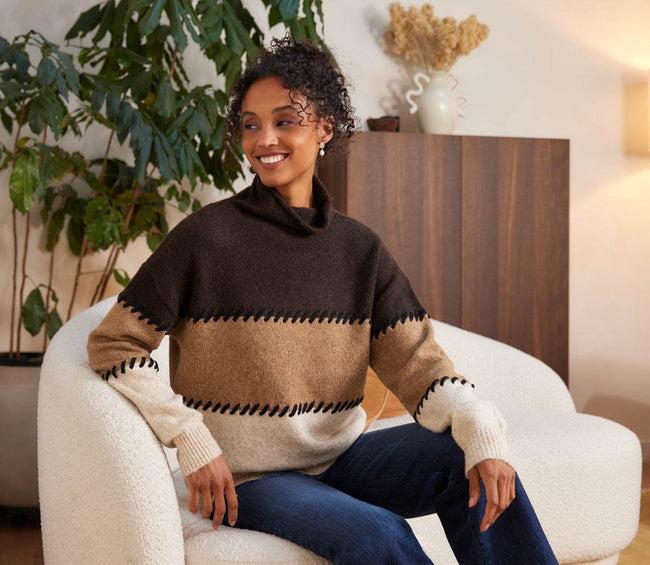 Karen Kane Multi Petite Size Contrast Stitch Mock Neck Colorblock Sweater Karen Kane