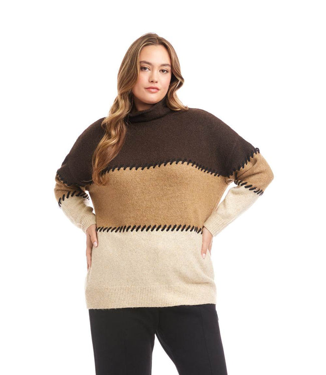 karen kane Multi Plus Size Contrast Stitch Mock Neck Colorblock Sweater Karen Kane