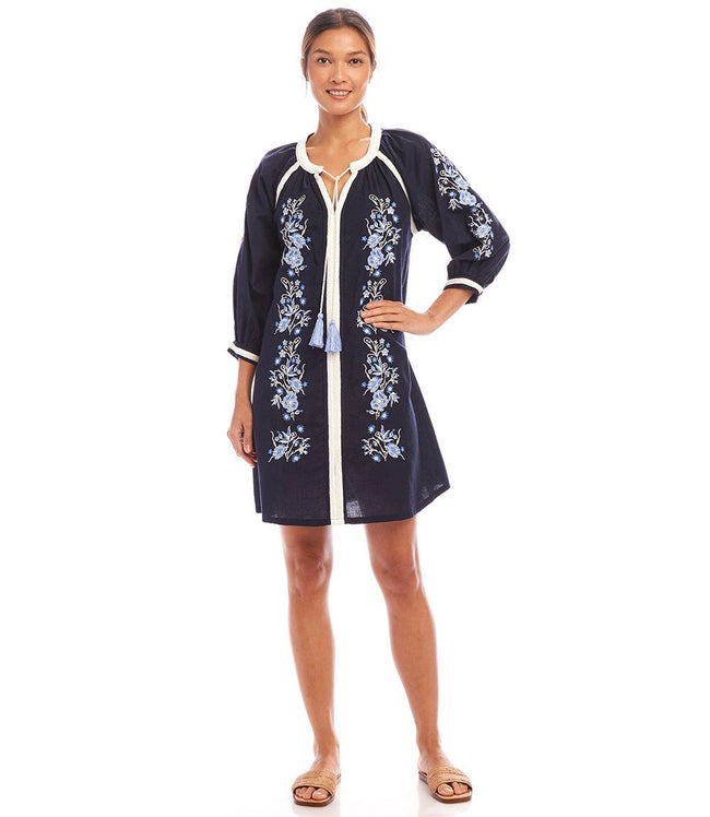 Karen Kane Navy Blouson Sleeve Embroidered Peasant Dress Karen Kane