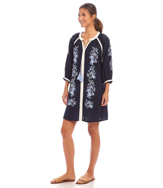 Karen Kane Navy Blouson Sleeve Embroidered Peasant Dress Karen Kane