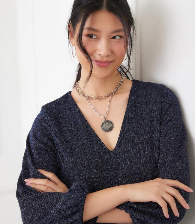 Karen Kane Navy Blouson Sleeve Metallic Knit V-Neck Dress Karen Kane