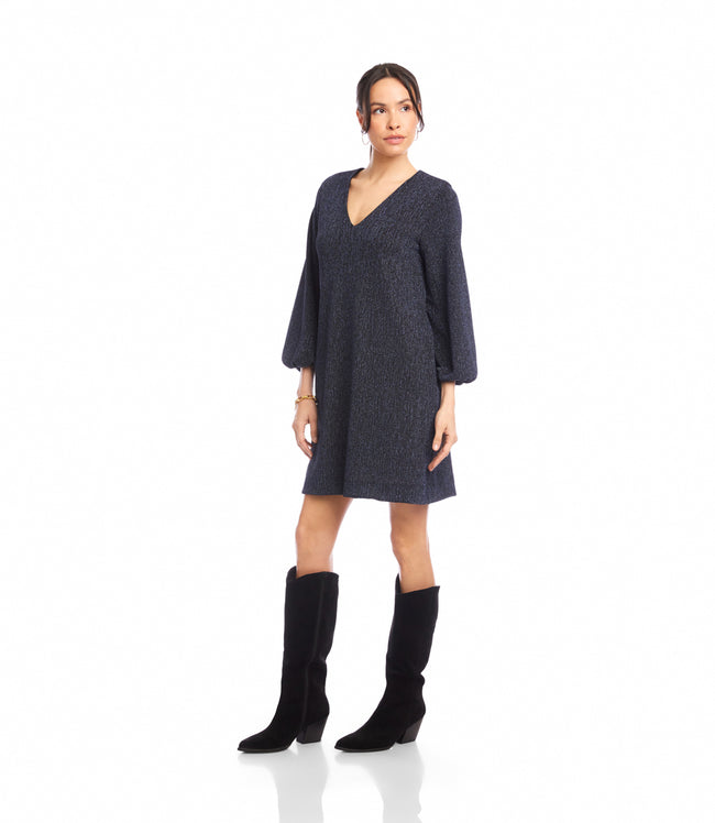 Karen Kane Navy Blouson Sleeve Metallic Knit V-Neck Dress Karen Kane
