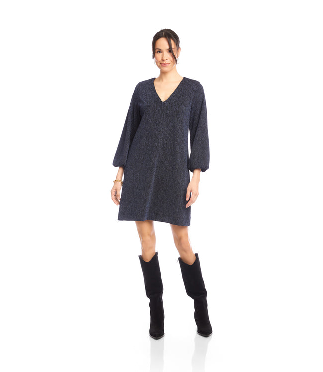Karen Kane Navy Blouson Sleeve Metallic Knit V-Neck Dress Karen Kane