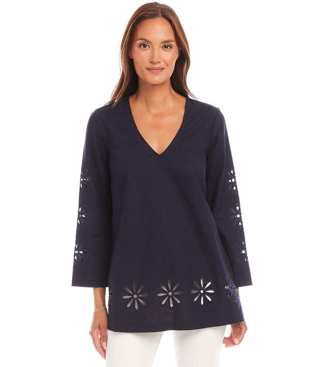 Karen Kane Navy Cutout Embroidered Flower Detail Tunic Karen Kane