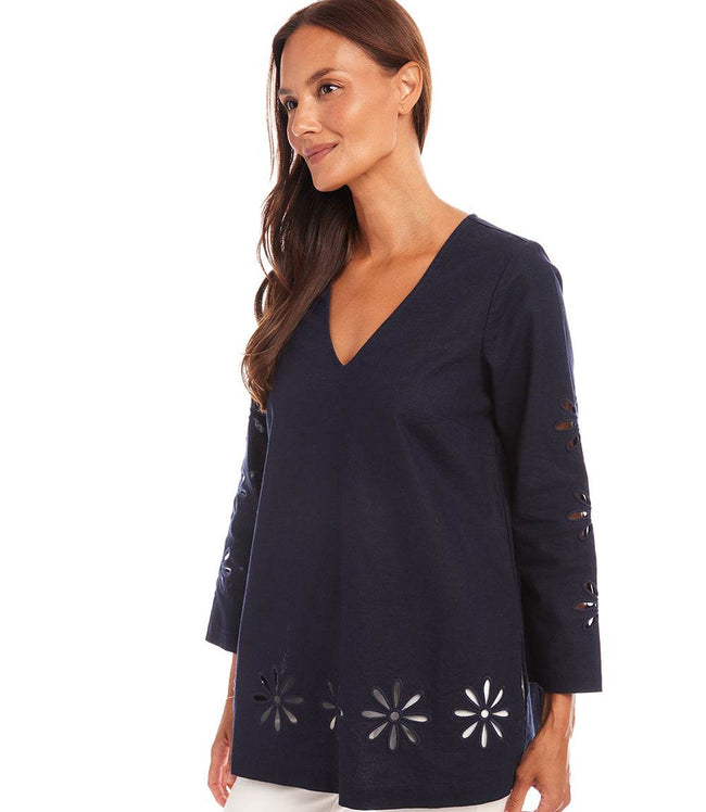 Karen Kane Navy Cutout Embroidered Flower Detail Tunic Karen Kane