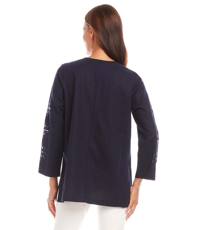 Karen Kane Navy Cutout Embroidered Flower Detail Tunic Karen Kane