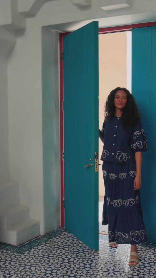 Karen Kane Navy Embroidered Puff Sleeve Shirt Karen Kane