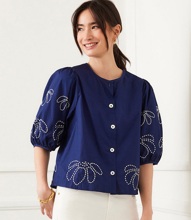 Karen Kane Navy Embroidered Puff Sleeve Shirt Karen Kane