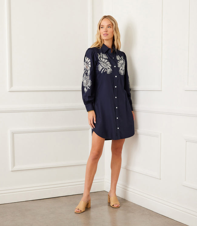 Karen Kane Navy Embroidered Puff Sleeve Shirtdress Karen Kane