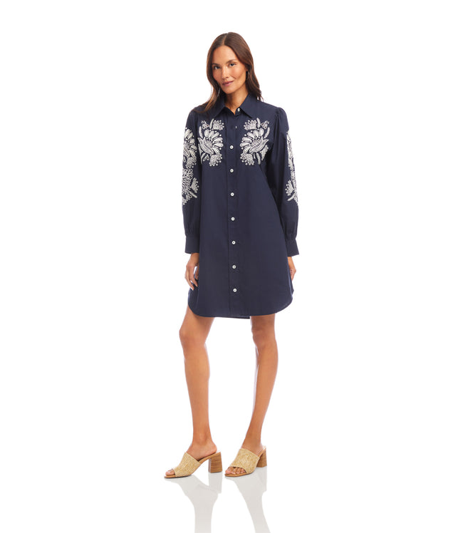 Karen Kane Navy Embroidered Puff Sleeve Shirtdress Karen Kane