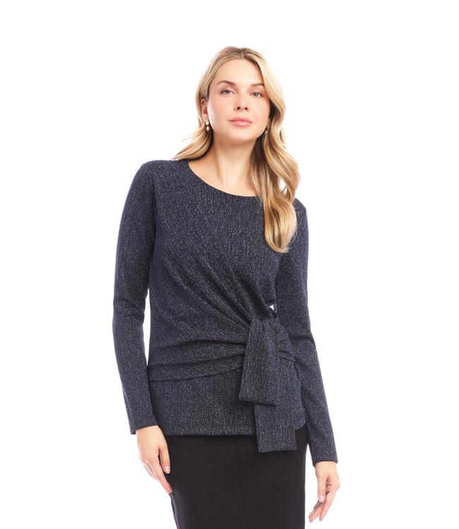 Karen Kane Navy Long Sleeve Metallic Knit Side-Tie Top Karen Kane