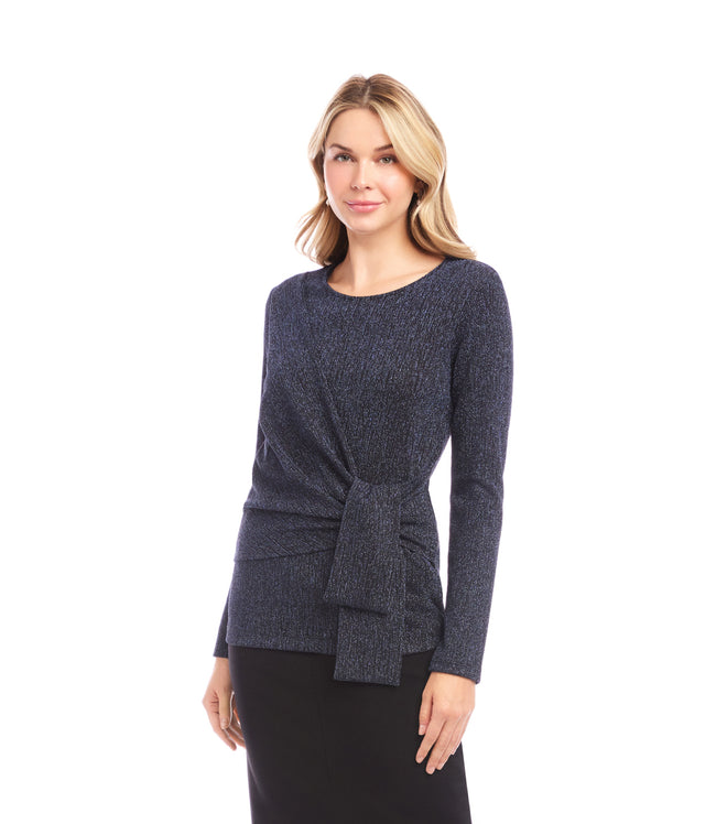 Karen Kane Navy Long Sleeve Metallic Knit Side-Tie Top Karen Kane