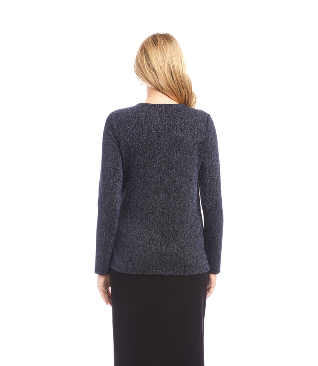 Karen Kane Navy Long Sleeve Metallic Knit Side-Tie Top Karen Kane