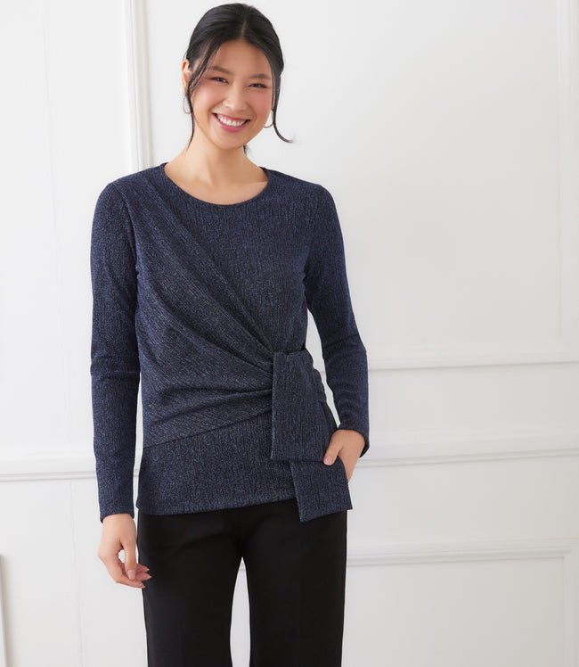 karen kane Navy Long Sleeve Metallic Knit Side-Tie Top Karen Kane