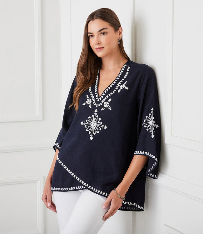 karen kane Navy Petite Size Bracelet Sleeve Asymmetric Top Karen Kane