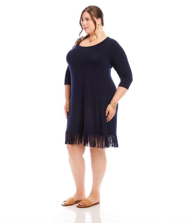Karen Kane Navy Plus Size 3/4 Sleeve Fringe Hem Dress Karen Kane