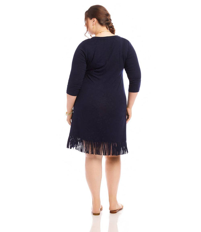 Karen Kane Navy Plus Size 3/4 Sleeve Fringe Hem Dress Karen Kane