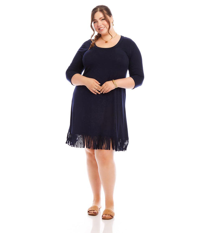 karen kane Navy Plus Size 3/4 Sleeve Fringe Hem Dress Karen Kane