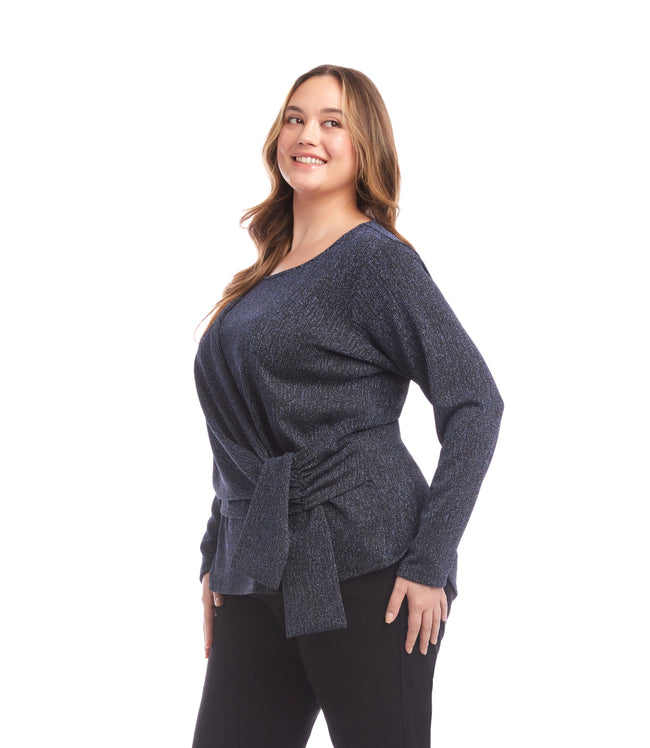 Karen Kane Navy Plus Size Long Sleeve Metallic Knit Side-Tie Top Karen Kane