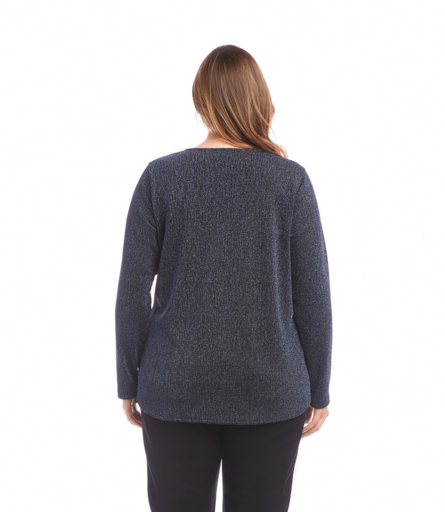 Karen Kane Navy Plus Size Long Sleeve Metallic Knit Side-Tie Top Karen Kane