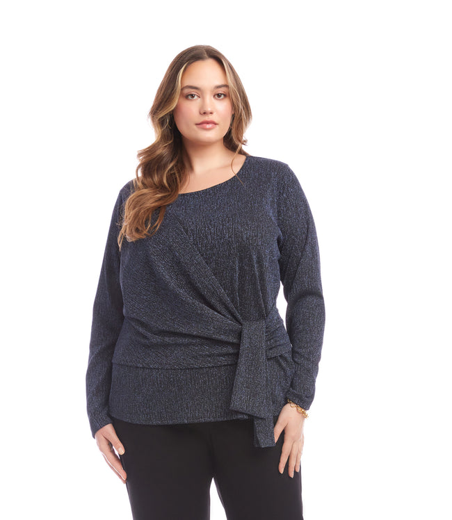 karen kane Navy Plus Size Long Sleeve Metallic Knit Side-Tie Top Karen Kane karen kane Navy Plus Size Long Sleeve Metallic Knit Side-Tie Top Karen Kane