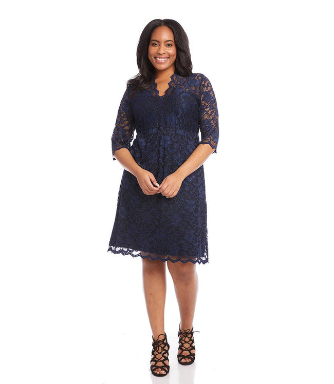 Karen Kane Navy Plus Size V-Neck Scallop Lace Dress Karen Kane